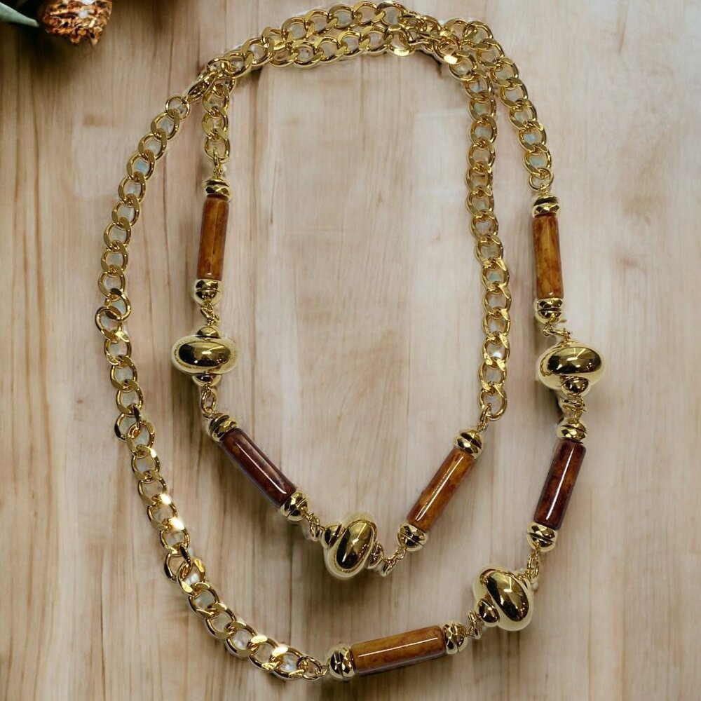 Vintage Avon Sienna Sunset Necklace Brown Gold Tone‎ 36" Long 1995
